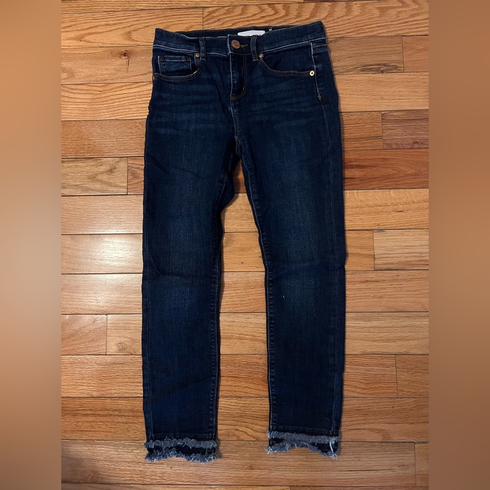 Loft Dark Wash Modern Skinny Jeans with Double Fringe on Bottom